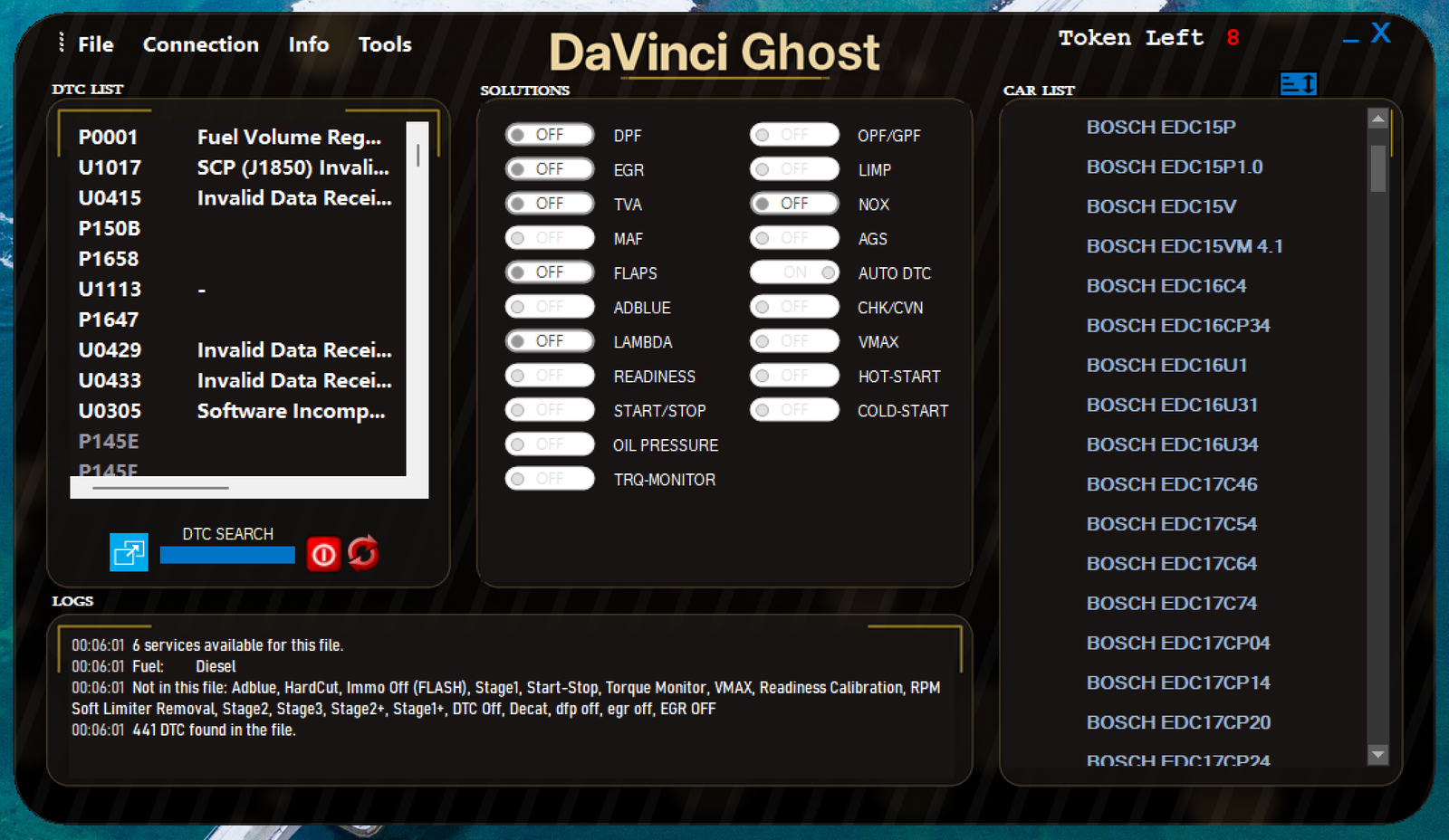 DaVinci Ghost main window (gold theme) with an EDC17CP14 file open: 441 DTC codes with descriptions on the left, the 20 solution switches in the centre with DPF, EGR, TVA, FLAPS and LAMBDA enabled for this file, the VAG ECU list on the right and the Token Left counter in the top bar