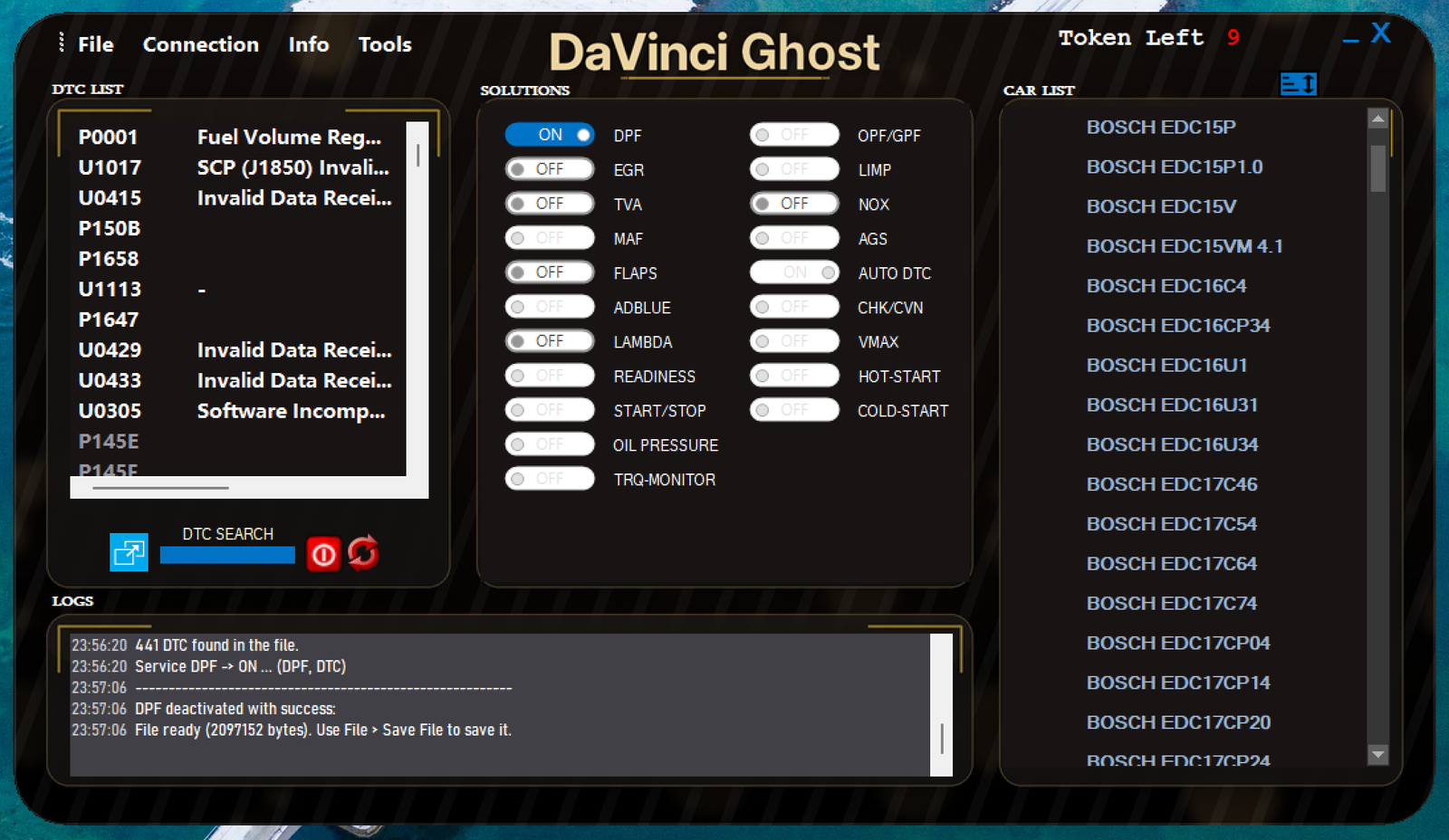 DaVinci Ghost in the gold theme after applying DPF off: the DPF switch is ON and the log reads DPF deactivated with success