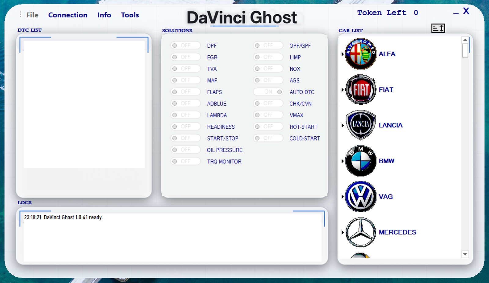 DaVinci Ghost in the White Lab theme: bright panels with blue accents and the full solutions list